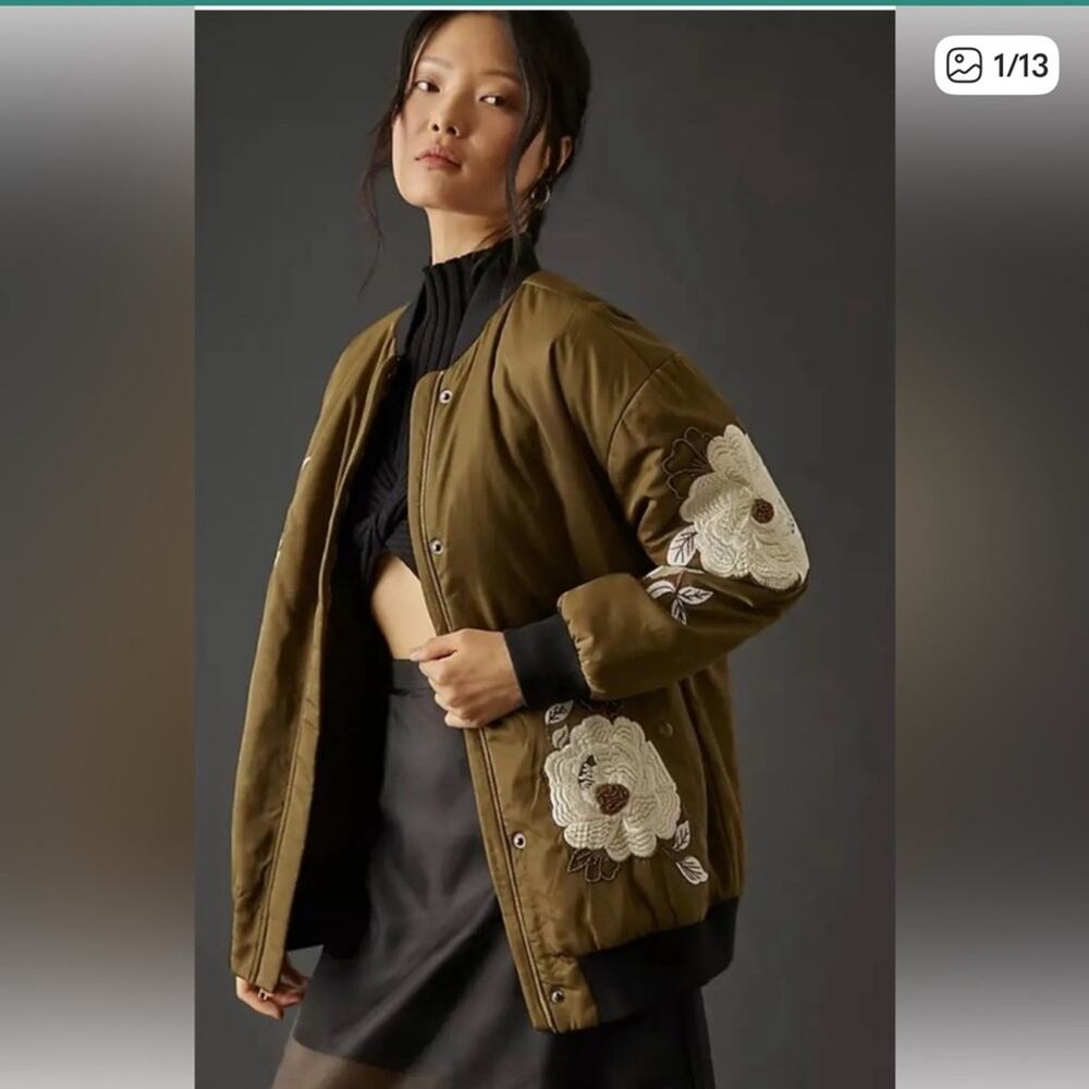 Maeve floral embroidered beaded oversized banded bomber jacket sz M